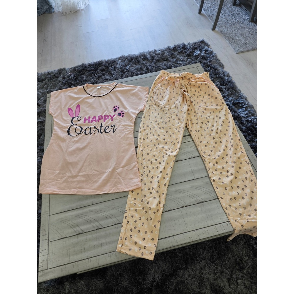 New Easter cotton Pajama Set Women Small Peach Bunny Graphic Tee ‎ Floral Pants